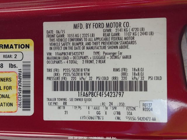 Photo 8 VIN: 1FA6P8CF4F5423797 - FORD MUSTANG 