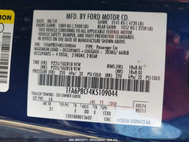 Photo 8 VIN: 1FA6P8CF4K5109044 - FORD MUSTANG 