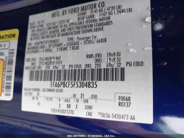 Photo 8 VIN: 1FA6P8CF5F5304835 - FORD MUSTANG 