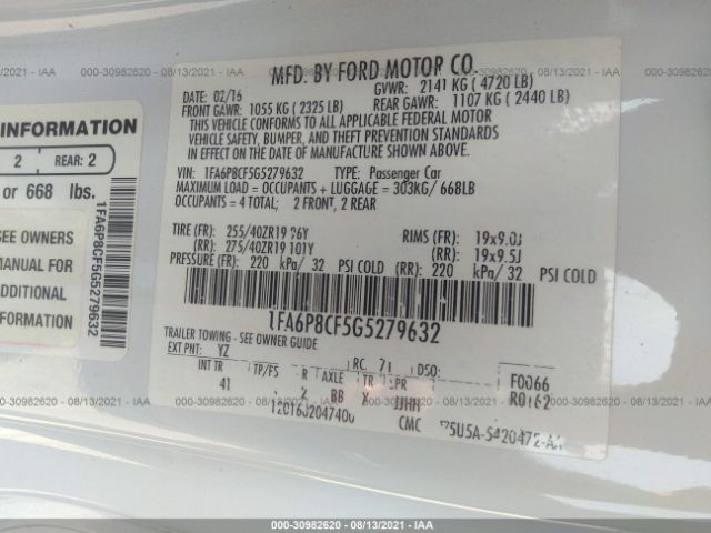 Photo 8 VIN: 1FA6P8CF5G5279632 - FORD MUSTANG 