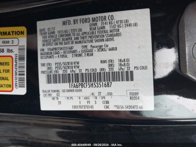 Photo 8 VIN: 1FA6P8CF5H5351687 - FORD MUSTANG 