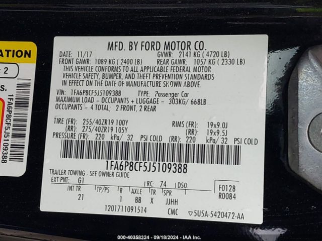 Photo 8 VIN: 1FA6P8CF5J5109388 - FORD MUSTANG 