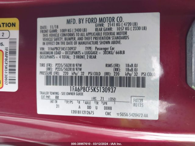 Photo 8 VIN: 1FA6P8CF5K5130937 - FORD MUSTANG 