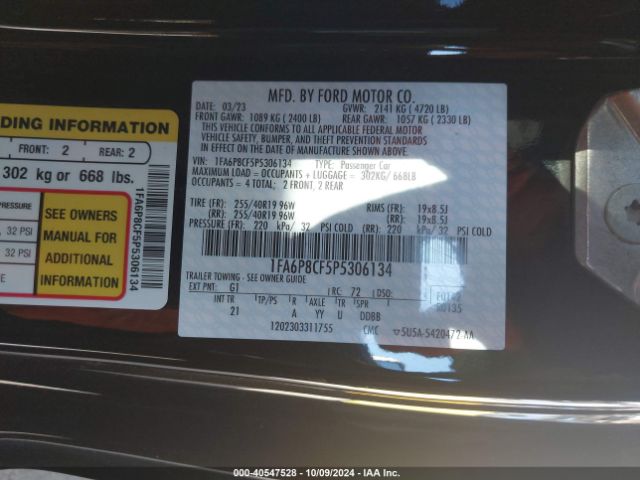 Photo 8 VIN: 1FA6P8CF5P5306134 - FORD MUSTANG 