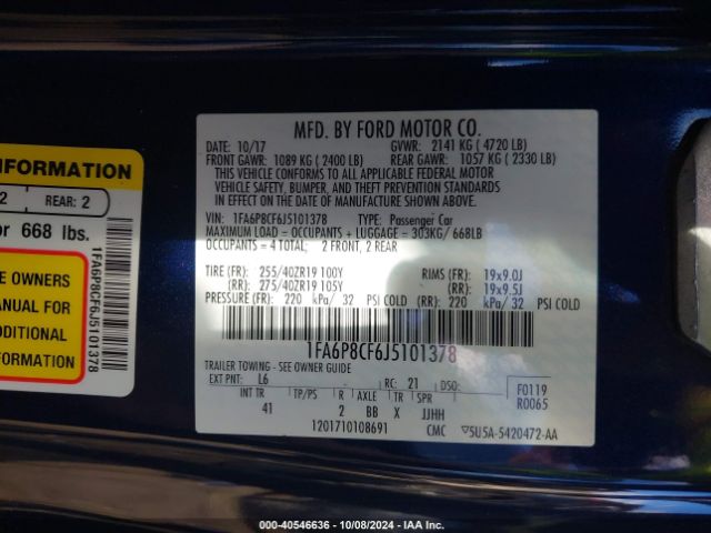 Photo 8 VIN: 1FA6P8CF6J5101378 - FORD MUSTANG 