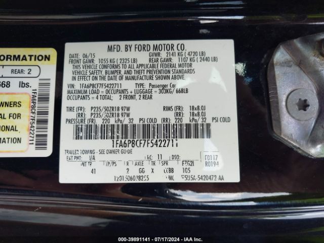 Photo 8 VIN: 1FA6P8CF7F5422711 - FORD MUSTANG 