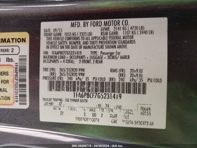 Photo 8 VIN: 1FA6P8CF7G5231419 - FORD MUSTANG 