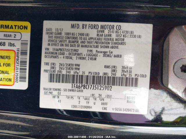 Photo 8 VIN: 1FA6P8CF7J5125902 - FORD MUSTANG 