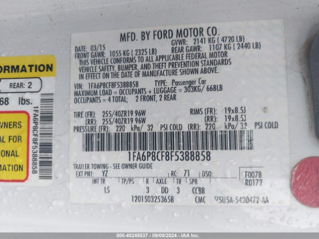 Photo 8 VIN: 1FA6P8CF8F5388858 - FORD MUSTANG 