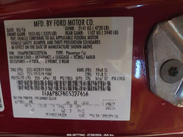 Photo 8 VIN: 1FA6P8CF8G5327656 - FORD MUSTANG 