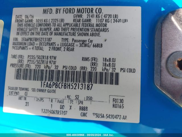 Photo 8 VIN: 1FA6P8CF8H5213187 - FORD MUSTANG 