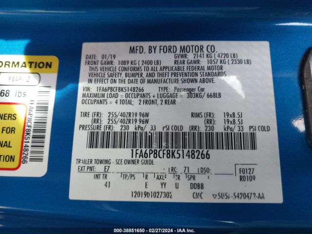 Photo 8 VIN: 1FA6P8CF8K5148266 - FORD MUSTANG 