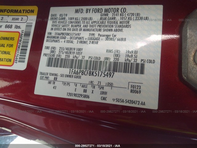 Photo 8 VIN: 1FA6P8CF8K5175497 - FORD MUSTANG 