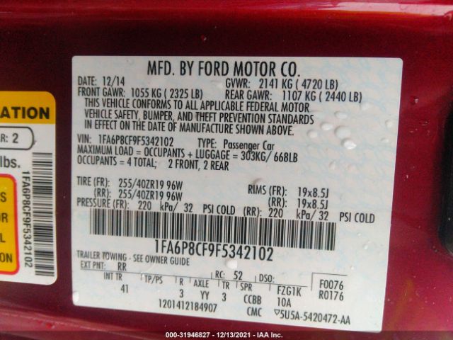 Photo 8 VIN: 1FA6P8CF9F5342102 - FORD MUSTANG 