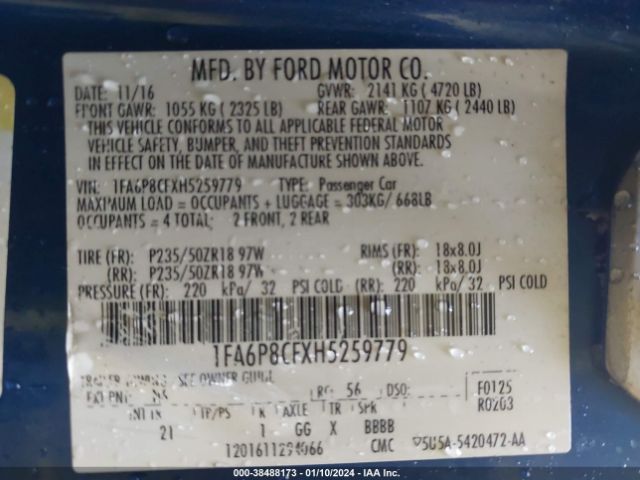 Photo 8 VIN: 1FA6P8CFXH5259779 - FORD MUSTANG 