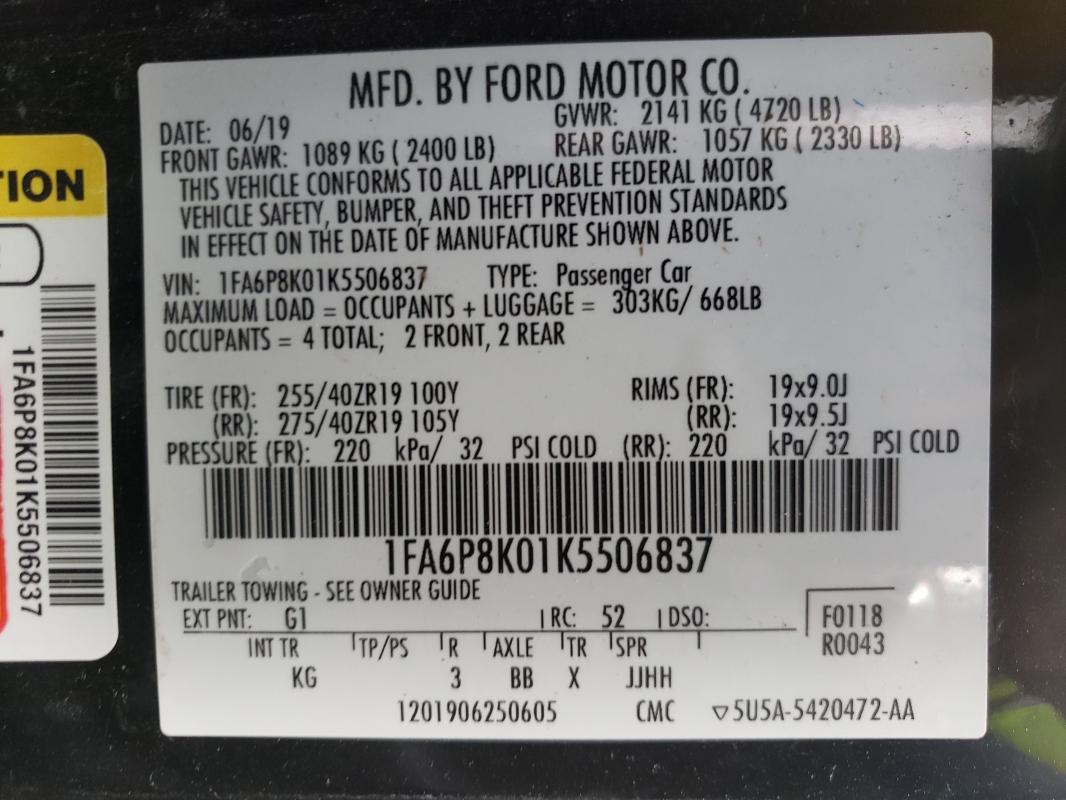 Photo 9 VIN: 1FA6P8K01K5506837 - FORD MUSTANG BU 