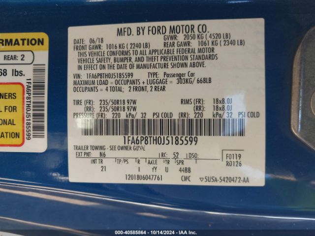 Photo 8 VIN: 1FA6P8TH0J5185599 - FORD MUSTANG 