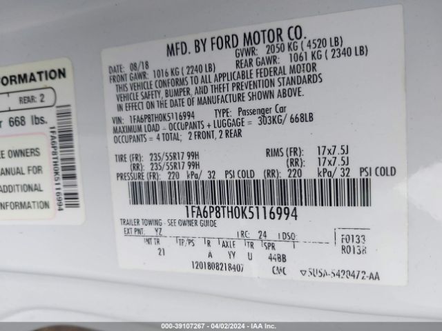 Photo 8 VIN: 1FA6P8TH0K5116994 - FORD MUSTANG 