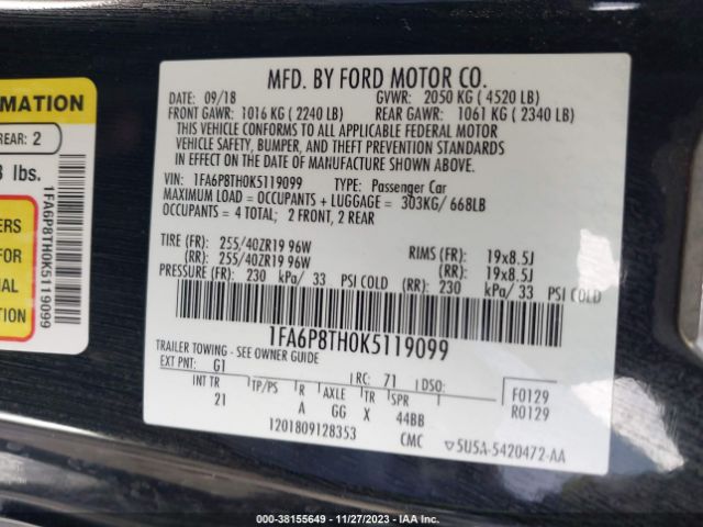 Photo 8 VIN: 1FA6P8TH0K5119099 - FORD MUSTANG 