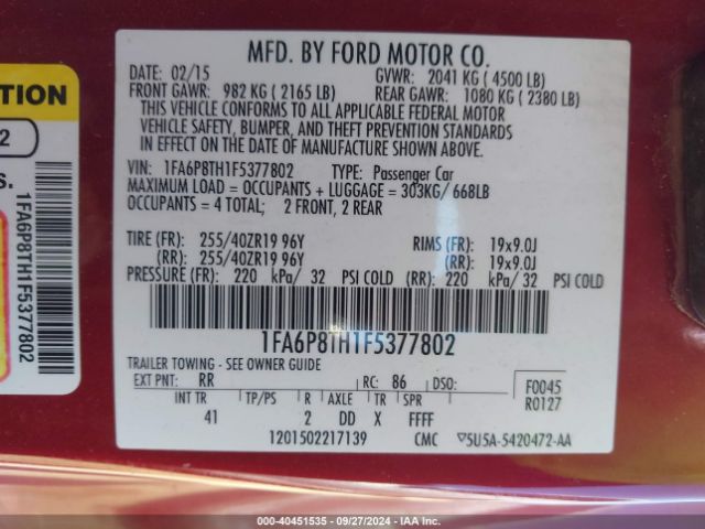 Photo 8 VIN: 1FA6P8TH1F5377802 - FORD MUSTANG 