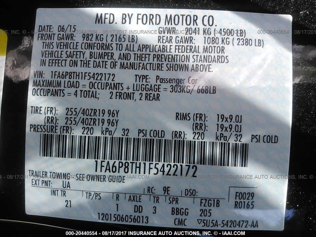 Photo 8 VIN: 1FA6P8TH1F5422172 - FORD MUSTANG 