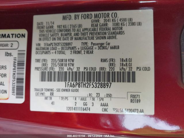 Photo 8 VIN: 1FA6P8TH2F5328897 - FORD MUSTANG 