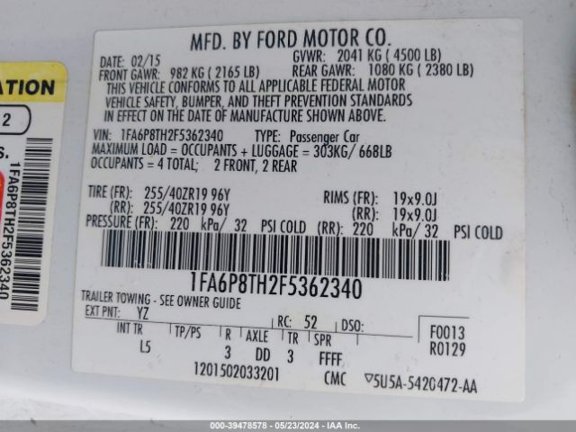 Photo 8 VIN: 1FA6P8TH2F5362340 - FORD MUSTANG 