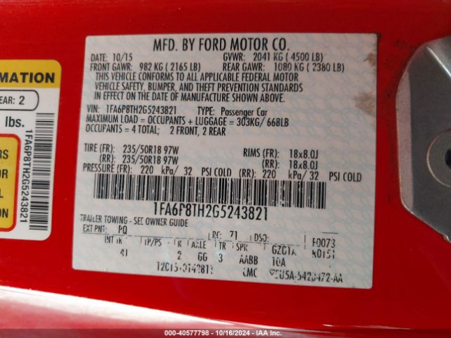 Photo 8 VIN: 1FA6P8TH2G5243821 - FORD MUSTANG 