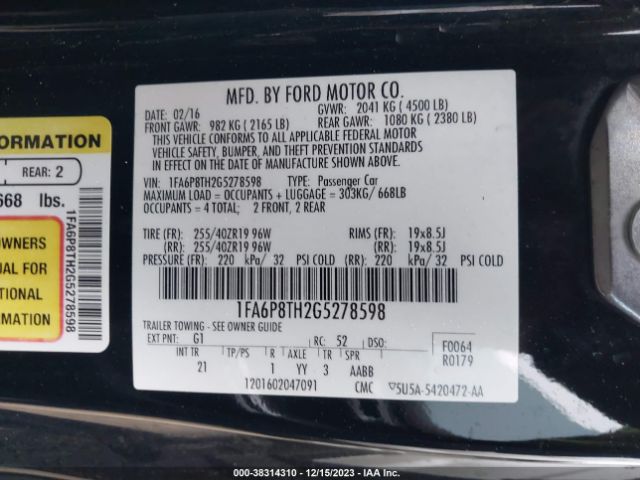 Photo 8 VIN: 1FA6P8TH2G5278598 - FORD MUSTANG 