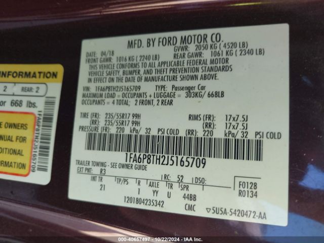 Photo 8 VIN: 1FA6P8TH2J5165709 - FORD MUSTANG 