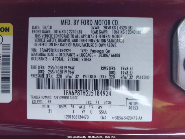 Photo 8 VIN: 1FA6P8TH2J5184924 - FORD MUSTANG 