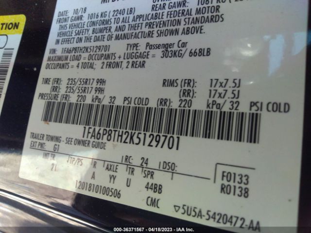 Photo 8 VIN: 1FA6P8TH2K5129701 - FORD MUSTANG 