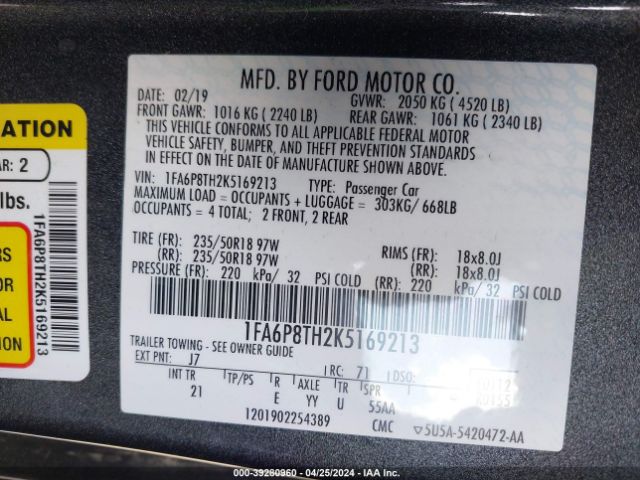 Photo 8 VIN: 1FA6P8TH2K5169213 - FORD MUSTANG 