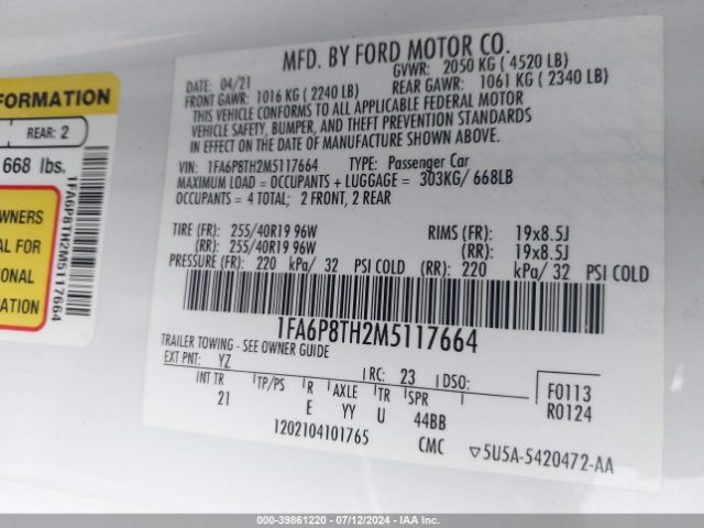 Photo 8 VIN: 1FA6P8TH2M5117664 - FORD MUSTANG 