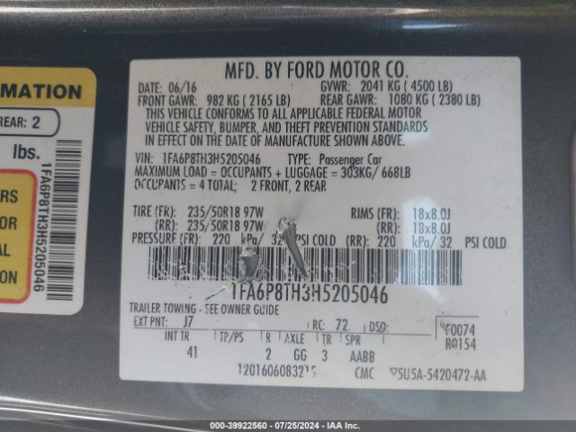 Photo 8 VIN: 1FA6P8TH3H5205046 - FORD MUSTANG 