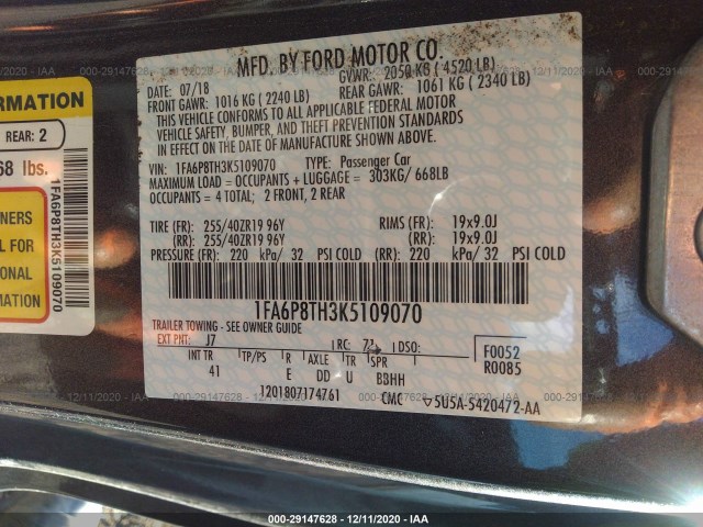 Photo 8 VIN: 1FA6P8TH3K5109070 - FORD MUSTANG 