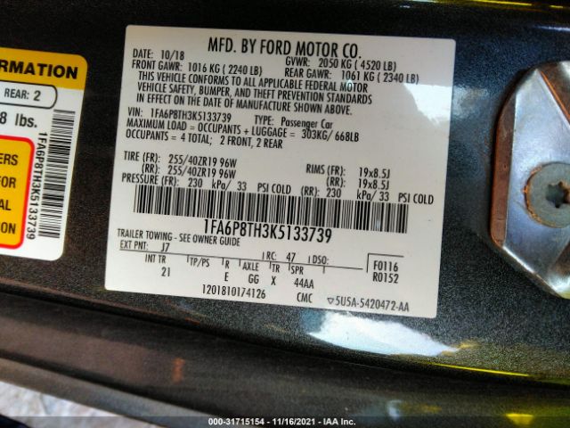 Photo 8 VIN: 1FA6P8TH3K5133739 - FORD MUSTANG 