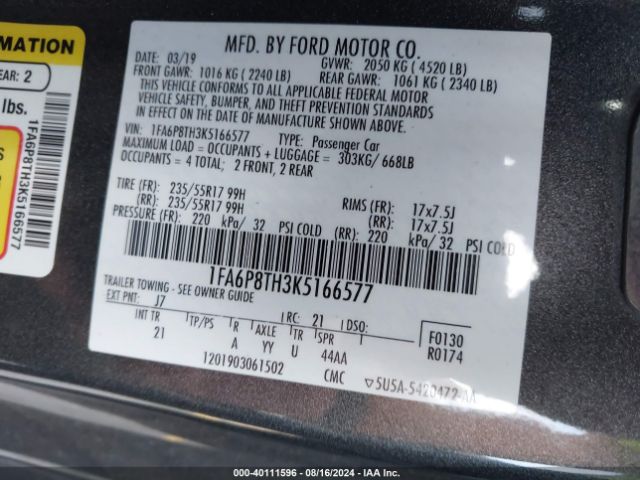 Photo 8 VIN: 1FA6P8TH3K5166577 - FORD MUSTANG 