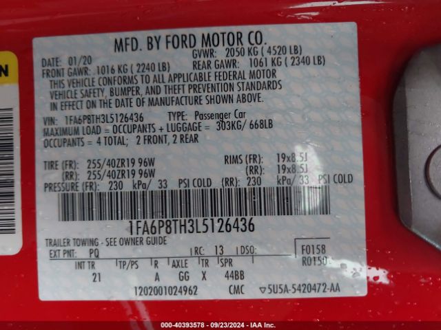 Photo 8 VIN: 1FA6P8TH3L5126436 - FORD MUSTANG 