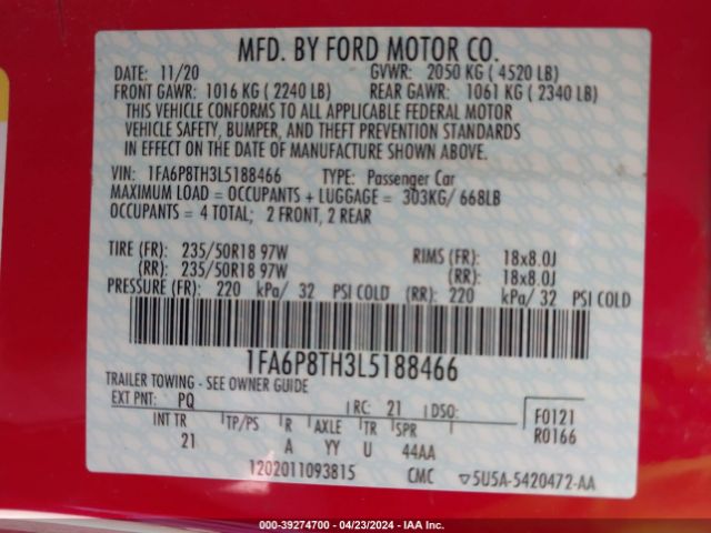 Photo 8 VIN: 1FA6P8TH3L5188466 - FORD MUSTANG 