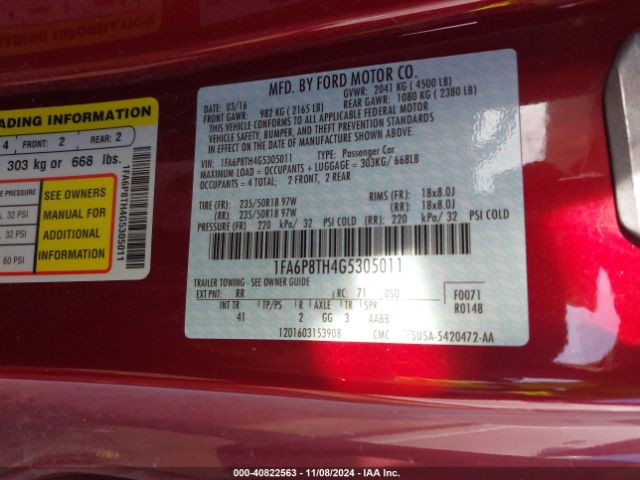 Photo 8 VIN: 1FA6P8TH4G5305011 - FORD MUSTANG 