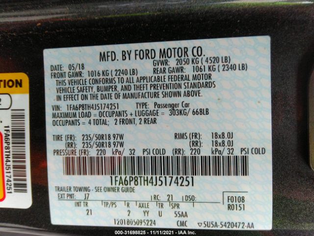 Photo 8 VIN: 1FA6P8TH4J5174251 - FORD MUSTANG 