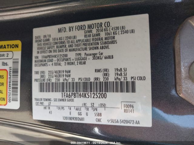 Photo 8 VIN: 1FA6P8TH4K5125200 - FORD MUSTANG 