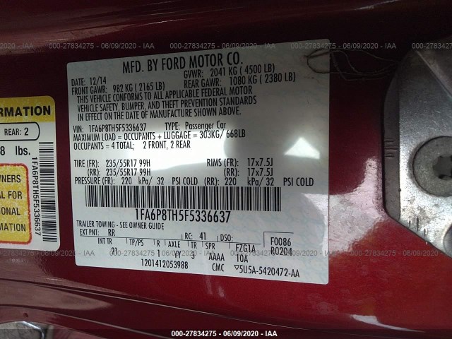 Photo 8 VIN: 1FA6P8TH5F5336637 - FORD MUSTANG 