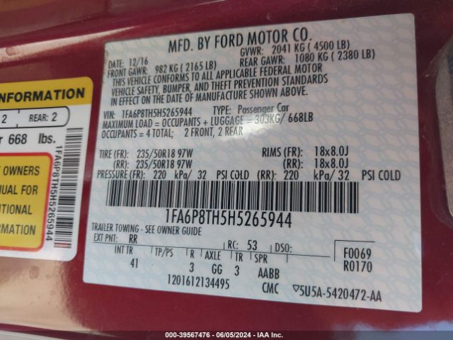 Photo 8 VIN: 1FA6P8TH5H5265944 - FORD MUSTANG 