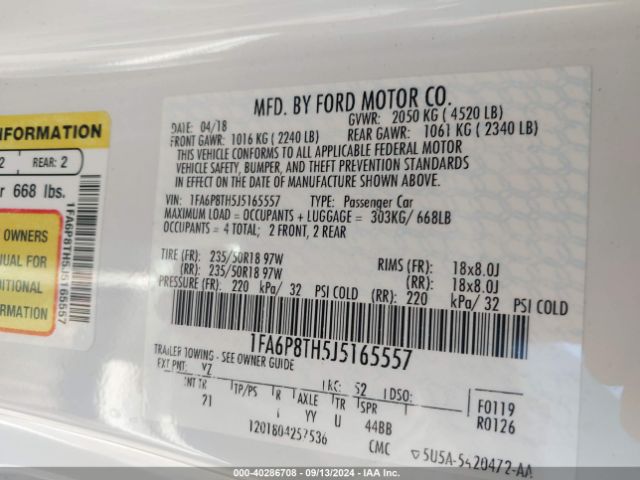 Photo 8 VIN: 1FA6P8TH5J5165557 - FORD MUSTANG 