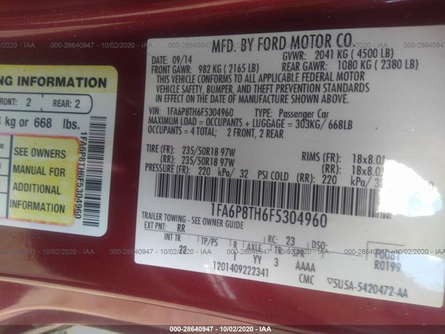 Photo 8 VIN: 1FA6P8TH6F5304960 - FORD MUSTANG 