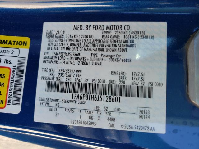 Photo 9 VIN: 1FA6P8TH6J5128601 - FORD MUSTANG 