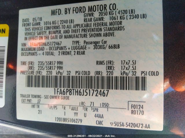 Photo 8 VIN: 1FA6P8TH6J5172467 - FORD MUSTANG 