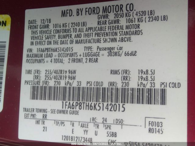 Photo 8 VIN: 1FA6P8TH6K5142015 - FORD MUSTANG 